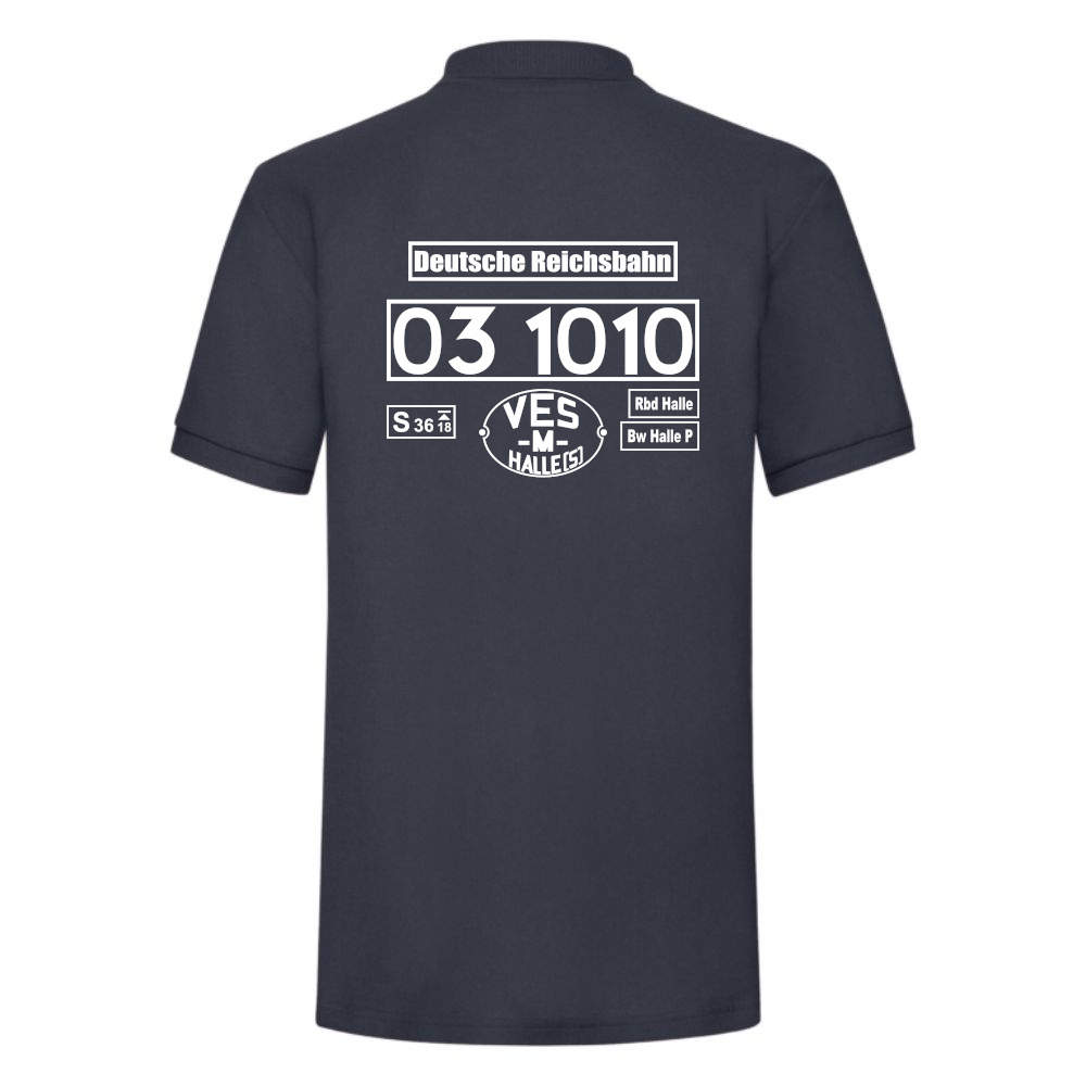 Dunkelblaues Polo-Shirt mit Loknummer 03 1010 der Deutschen Reichsbahn
