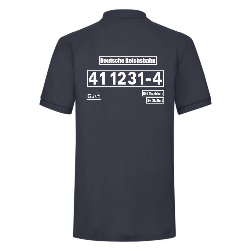 Dunkelblaues Polo-Shirt mit Loknummer 41 1231-4 der Deutschen Reichsbahn
