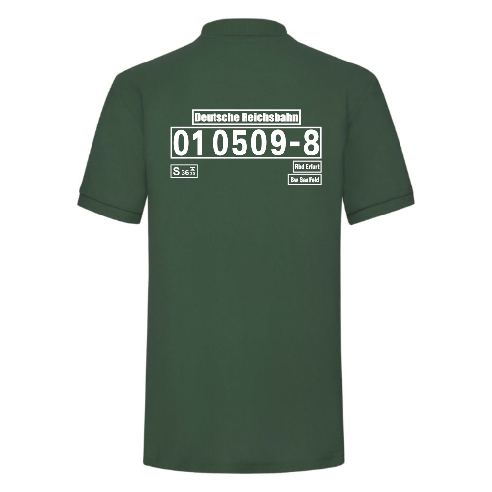 Dunkelgrünes Polo-Shirt mit Loknummer 01 0509-8 der Deutschen Reichsbahn