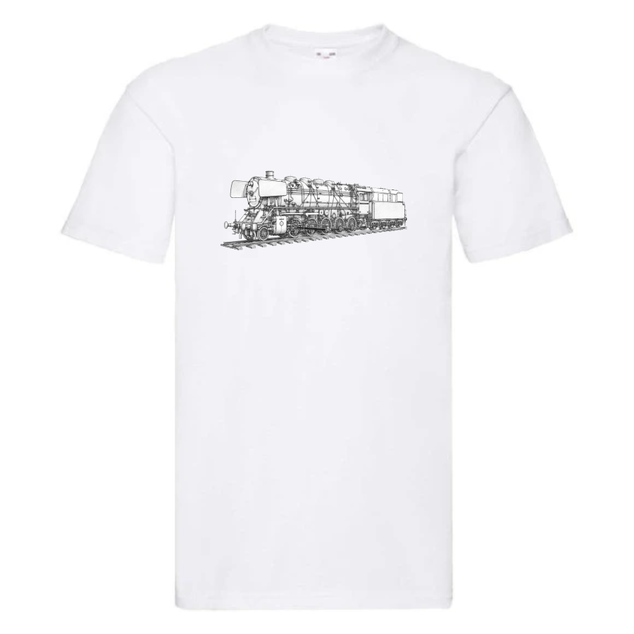 Weißes T-Shirt mit Bleistiftzeichnung einer Dampflokomotive der Baureihe 44