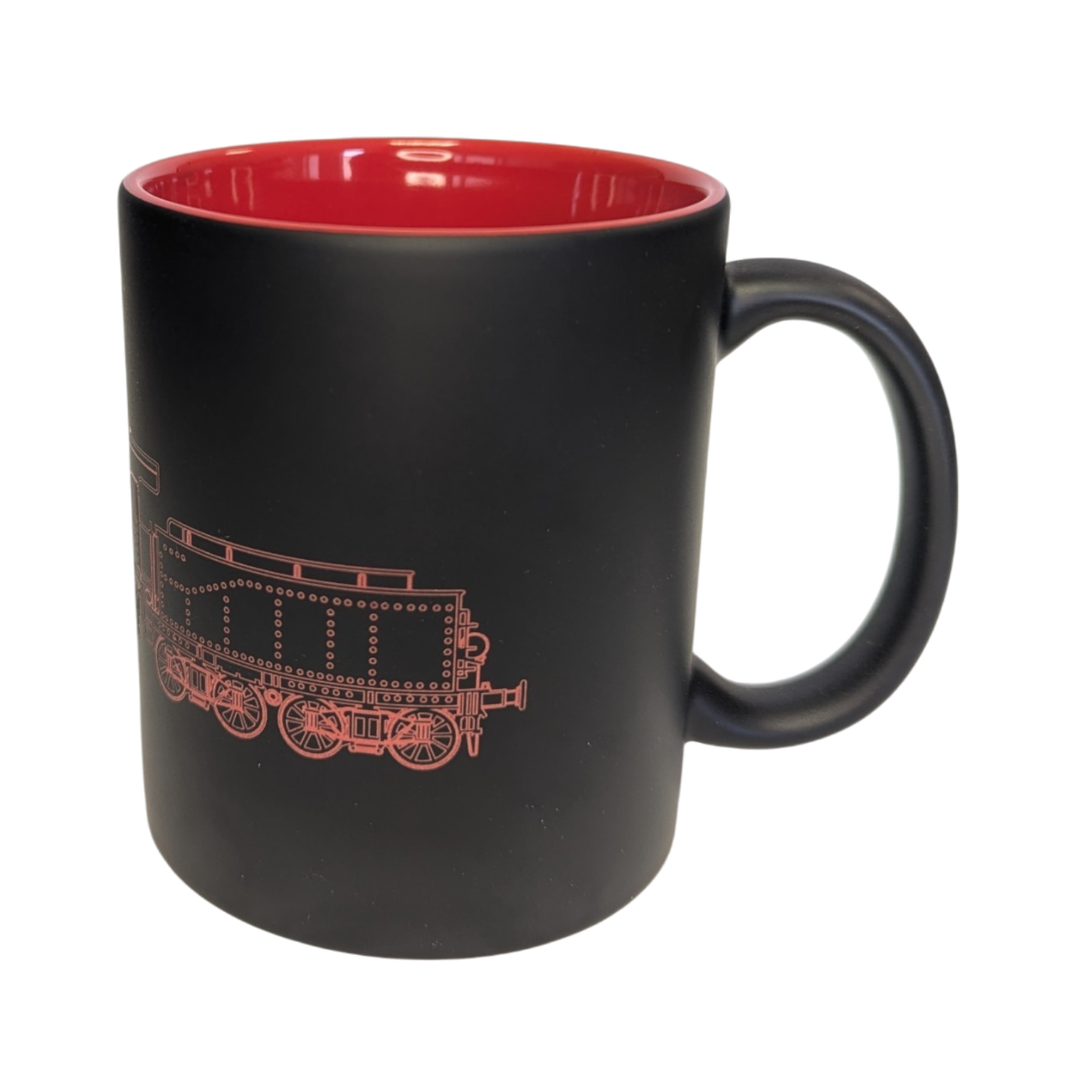 Schwarz-rote Keramiktasse mit Baureihe 38 der Deutschen Reichsbahn