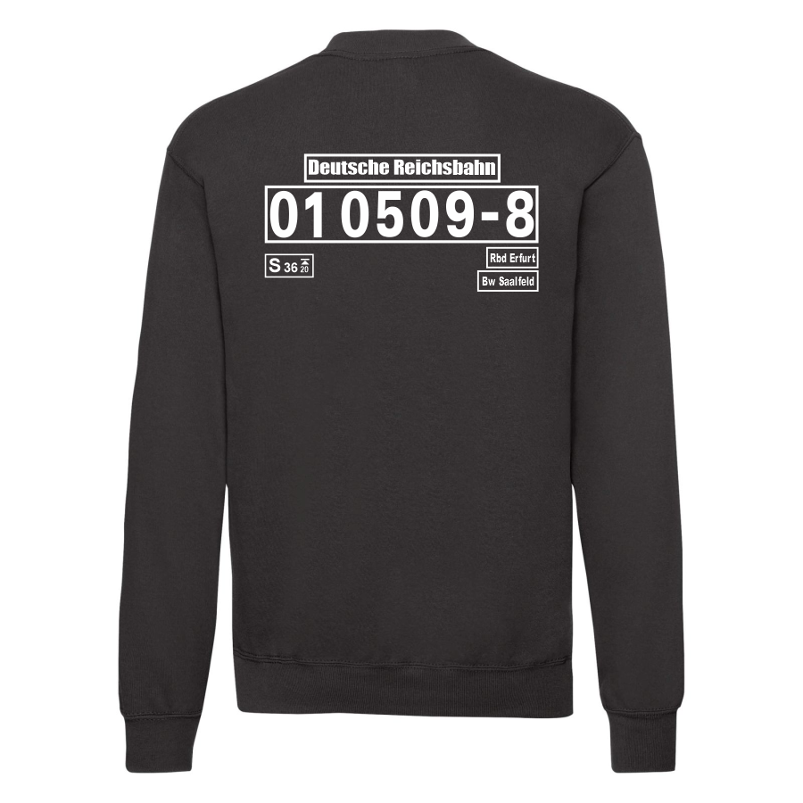 Schwarzes Sweat-Shirt mit Loknummer 01 0509-8 der Deutschen Reichsbahn