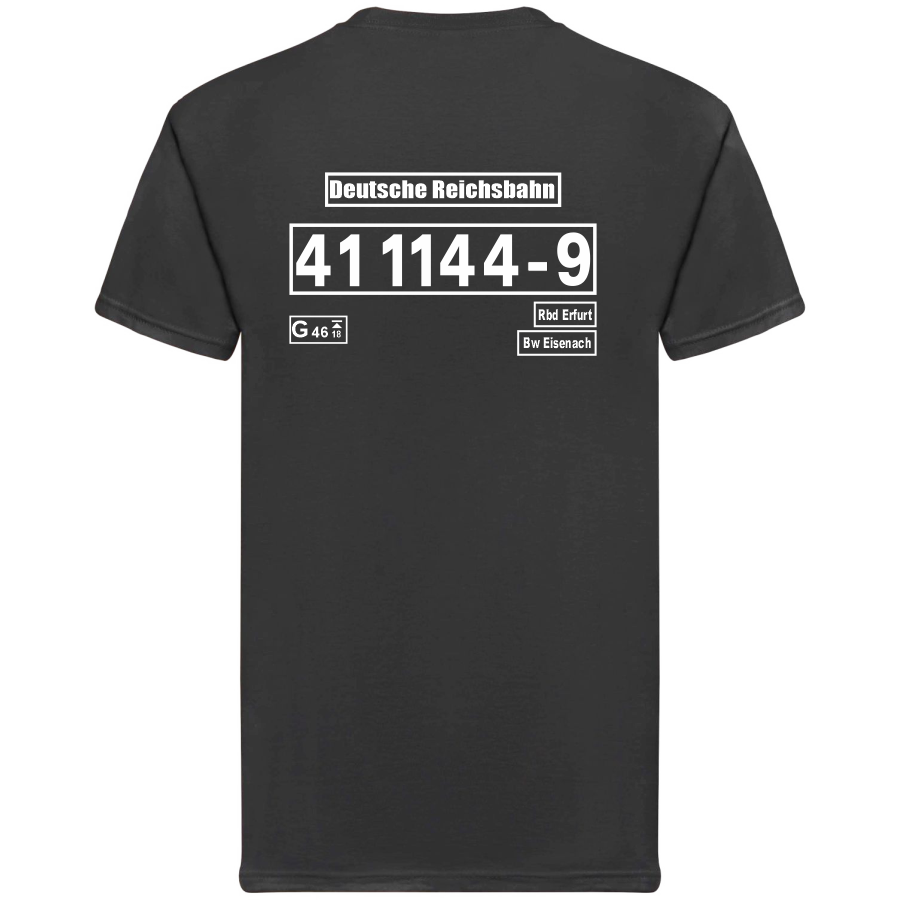 Schwarzes T-Shirt mit Loknummer 41 1144-9 der Deutschen Reichsbahn
