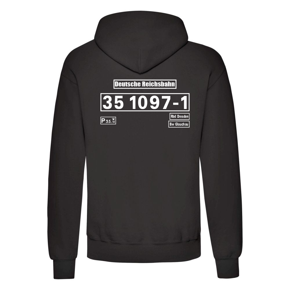 Schwarzer Hoodie mit Loknummer 35 1097-1 der Deutschen Reichsbahn
