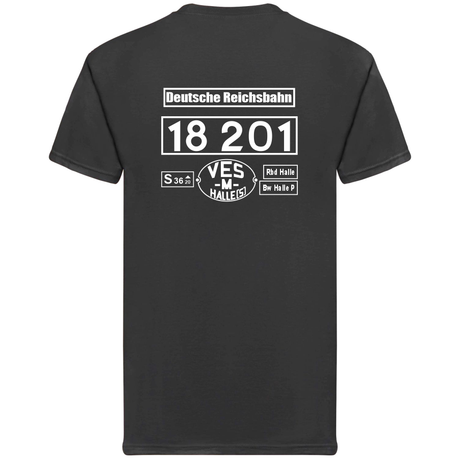 Schwarzes T-Shirt mit Loknummer 18 201 der Deutschen Reichsbahn