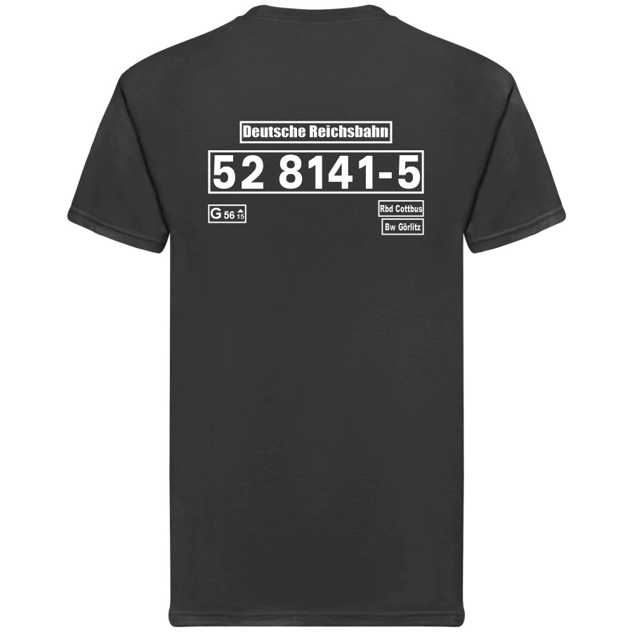 Schwarzes T-Shirt mit Loknummer 52 8141-5 der Deutschen Reichsbahn