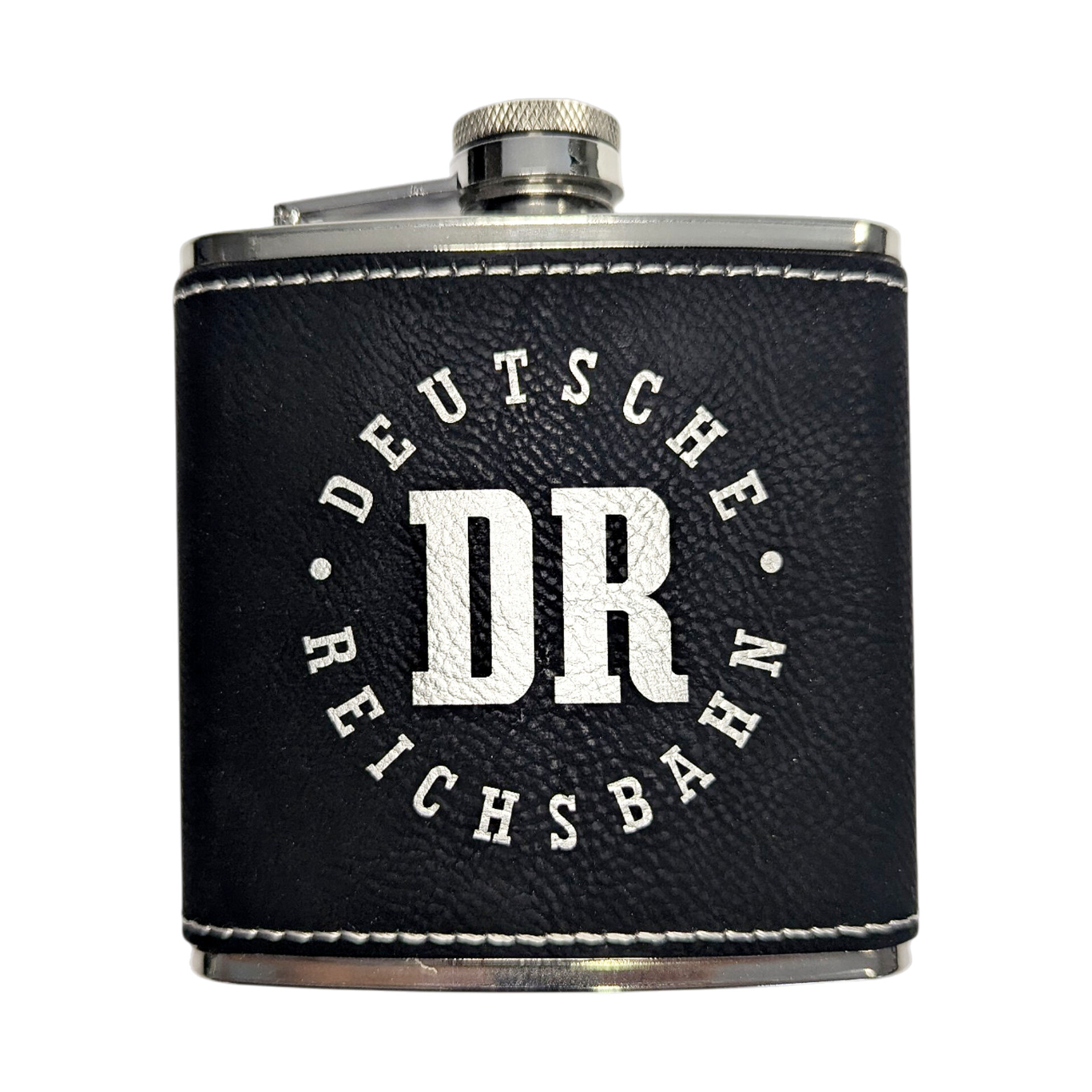 Schwarz-silberner Flachmann mit DR-Logo der Deutschen Reichsbahn