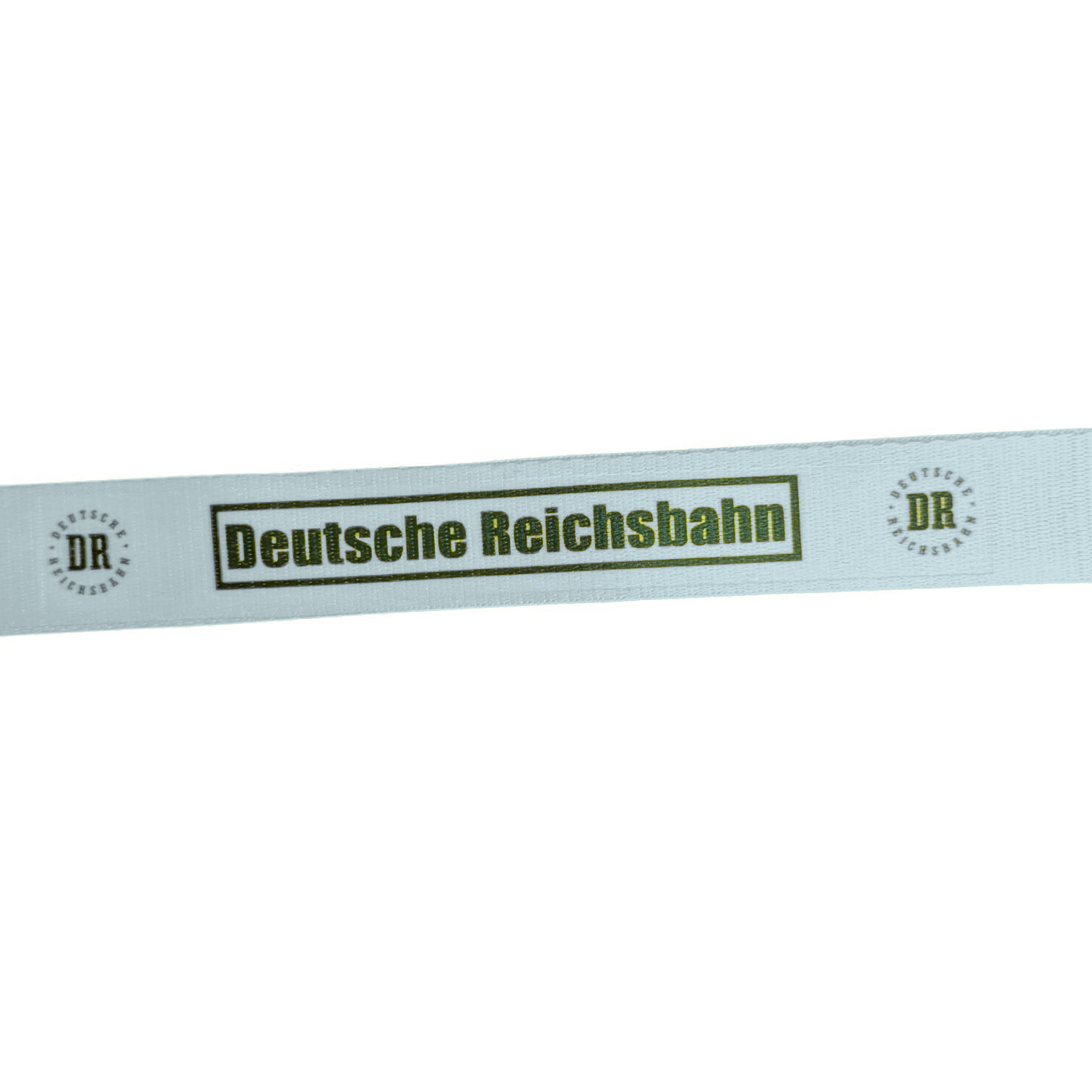Weißes Schlüsselband mit DR-Logo und Schriftzug Deutsche Reichsbahn, Detailansicht des Aufdrucks