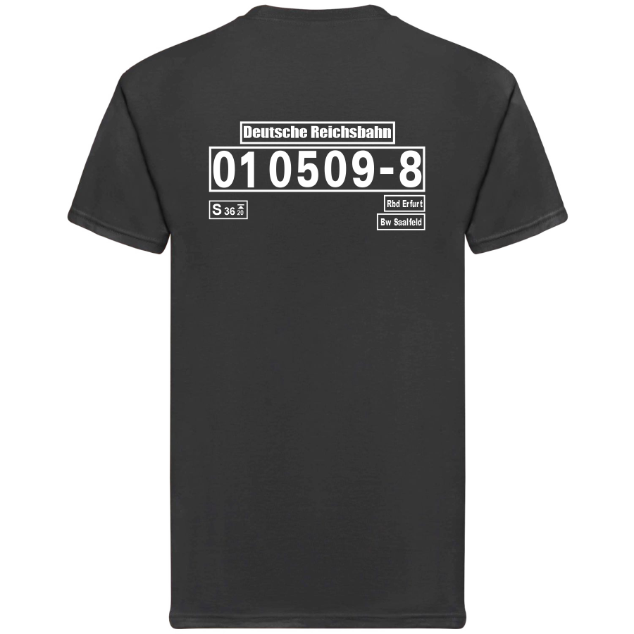 Schwarzes T-Shirt mit Loknummer 01 0509-8 der Deutschen Reichsbahn