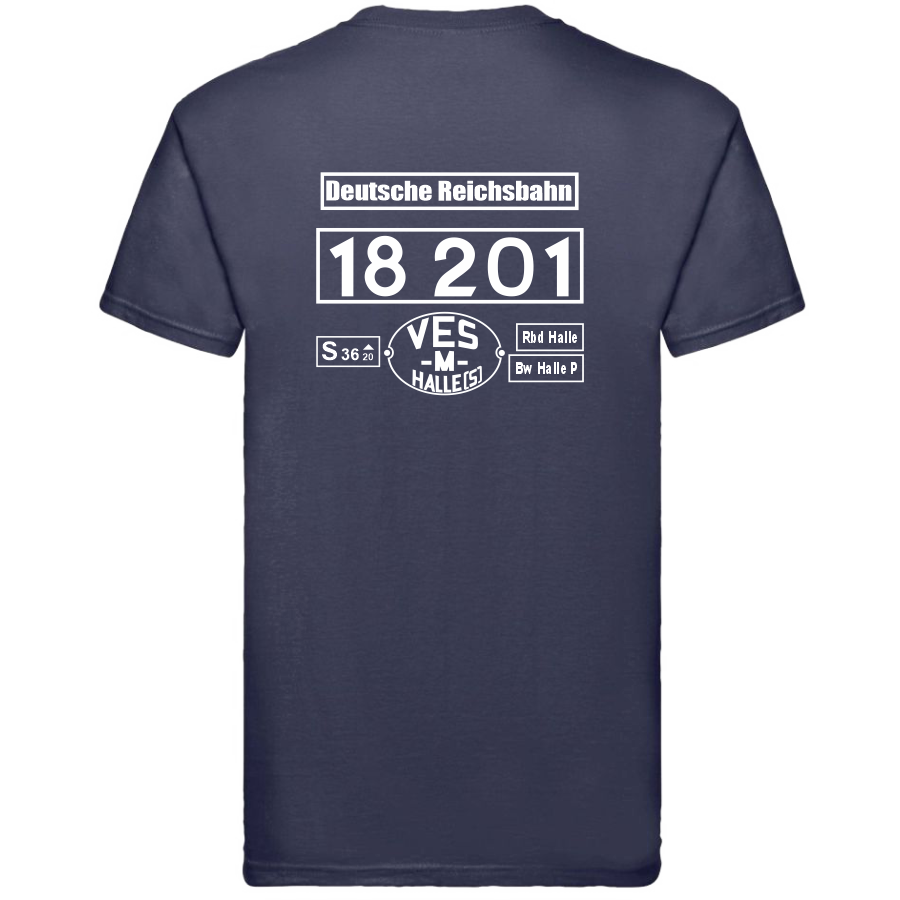 Dunkelblaues T-Shirt mit Loknummer 18 201 der Deutschen Reichsbahn