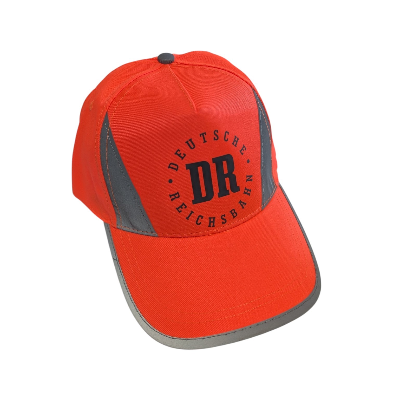Leuchtorange Warnschutzkappe mit schwarzem DR-Logo der Deutschen Reichsbahn und reflektierenden Streifen