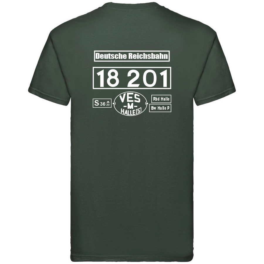 Dunkelgrünes T-Shirt mit Loknummer 18 201 der Deutschen Reichsbahn