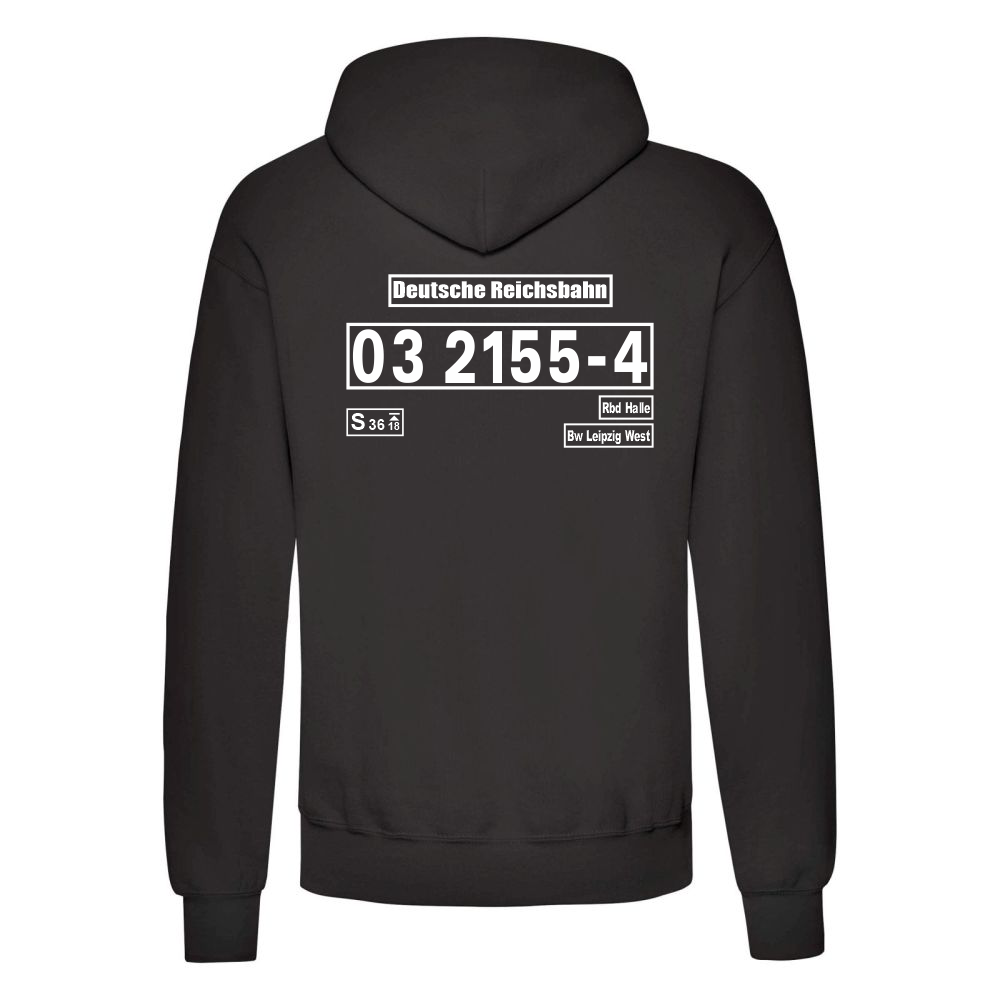 Schwarzer Hoodie mit Loknummer 03 2155-4 der Deutschen Reichsbahn