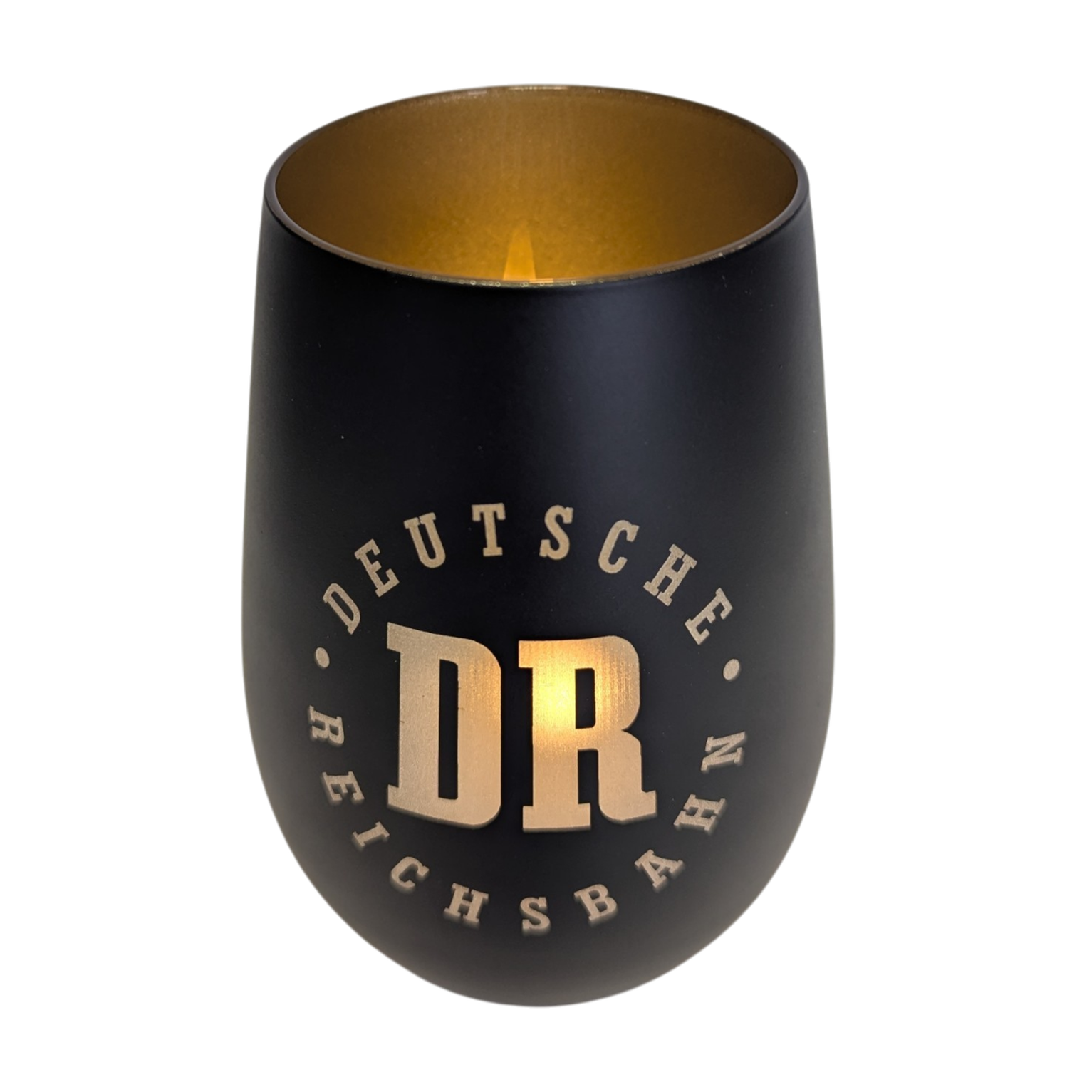 Schwarz-goldenes Windlicht mit DR-Logo