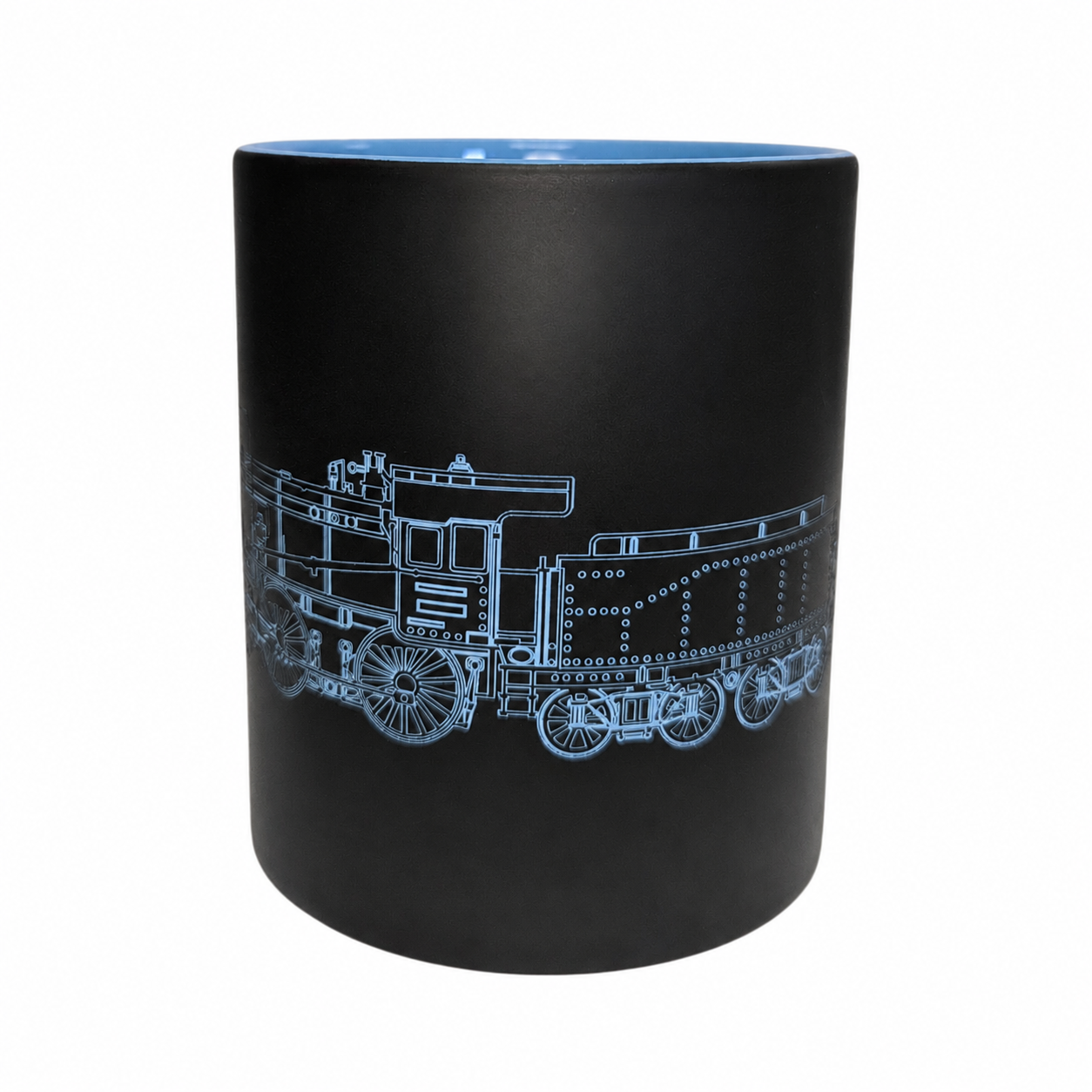 Schwarz-blaue Keramiktasse mit Baureihe 38 der Deutschen Reichsbahn