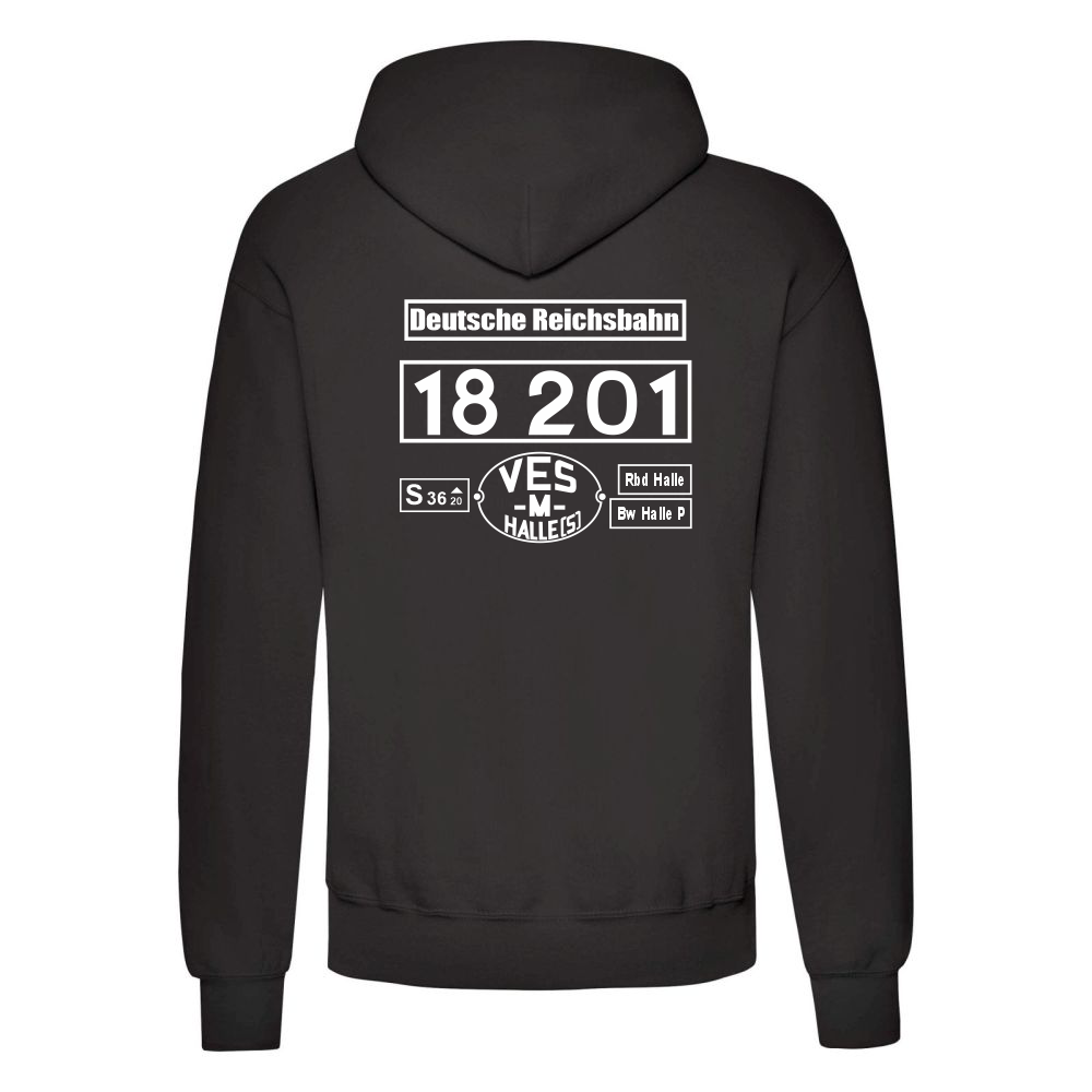 Schwarzer Hoodie mit Loknummer 18 201 der Deutschen Reichsbahn