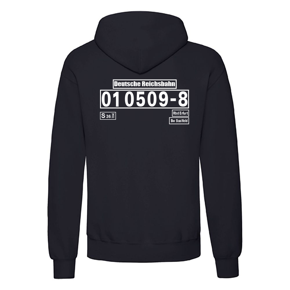 Dunkelblauer Hoodie mit Loknummer 01 0509-8 der Deutschen Reichsbahn