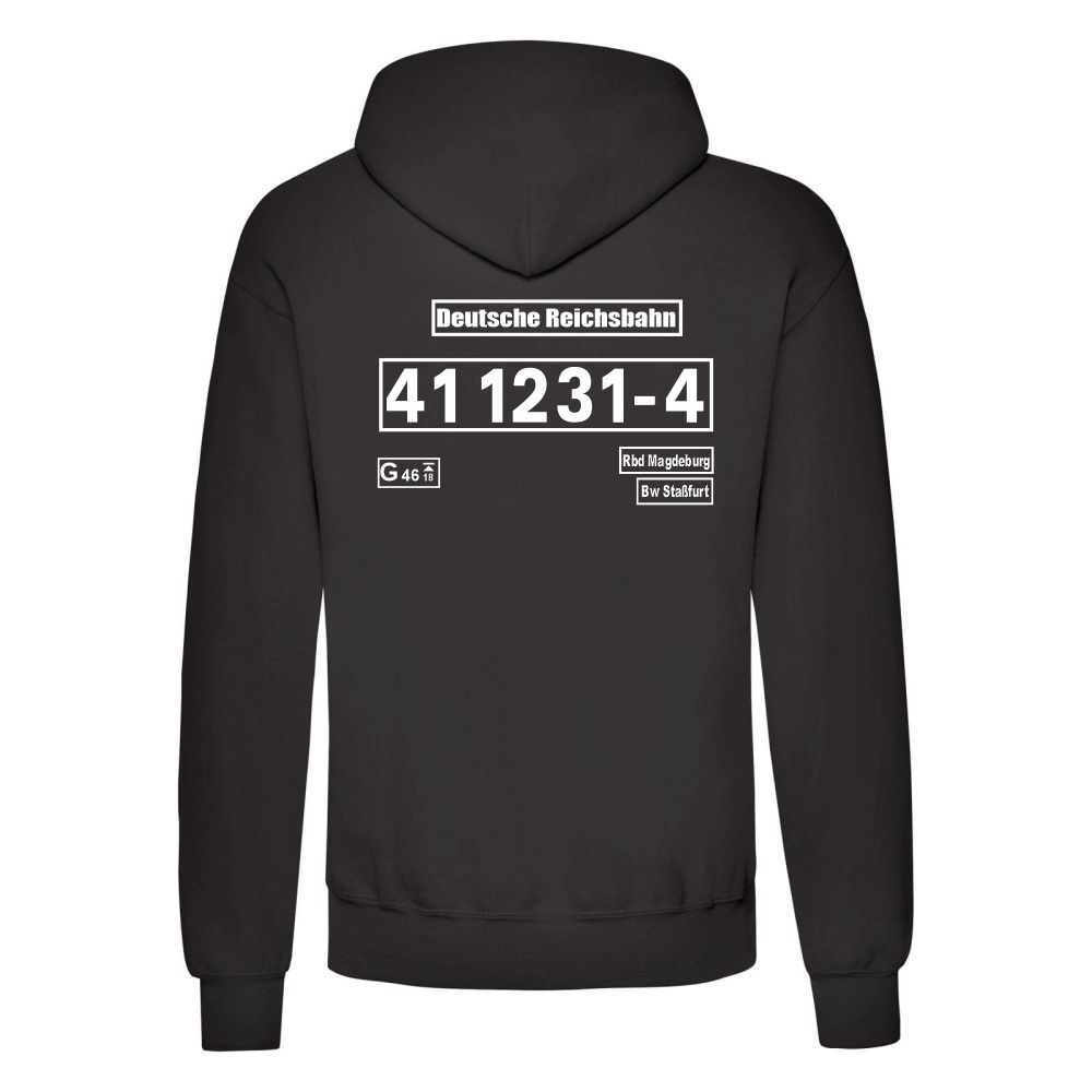 Schwarzer Hoodie mit Loknummer 41 1231-4 der Deutschen Reichsbahn