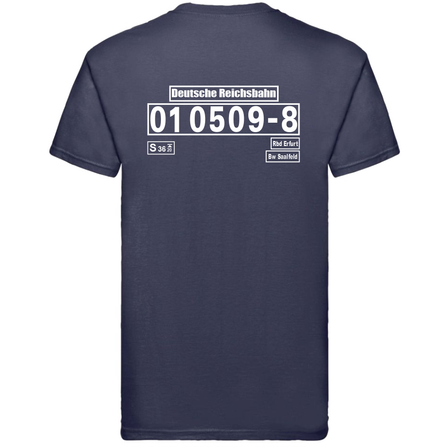 Dunkelblaues T-Shirt mit Loknummer 01 0509-8 der Deutschen Reichsbahn