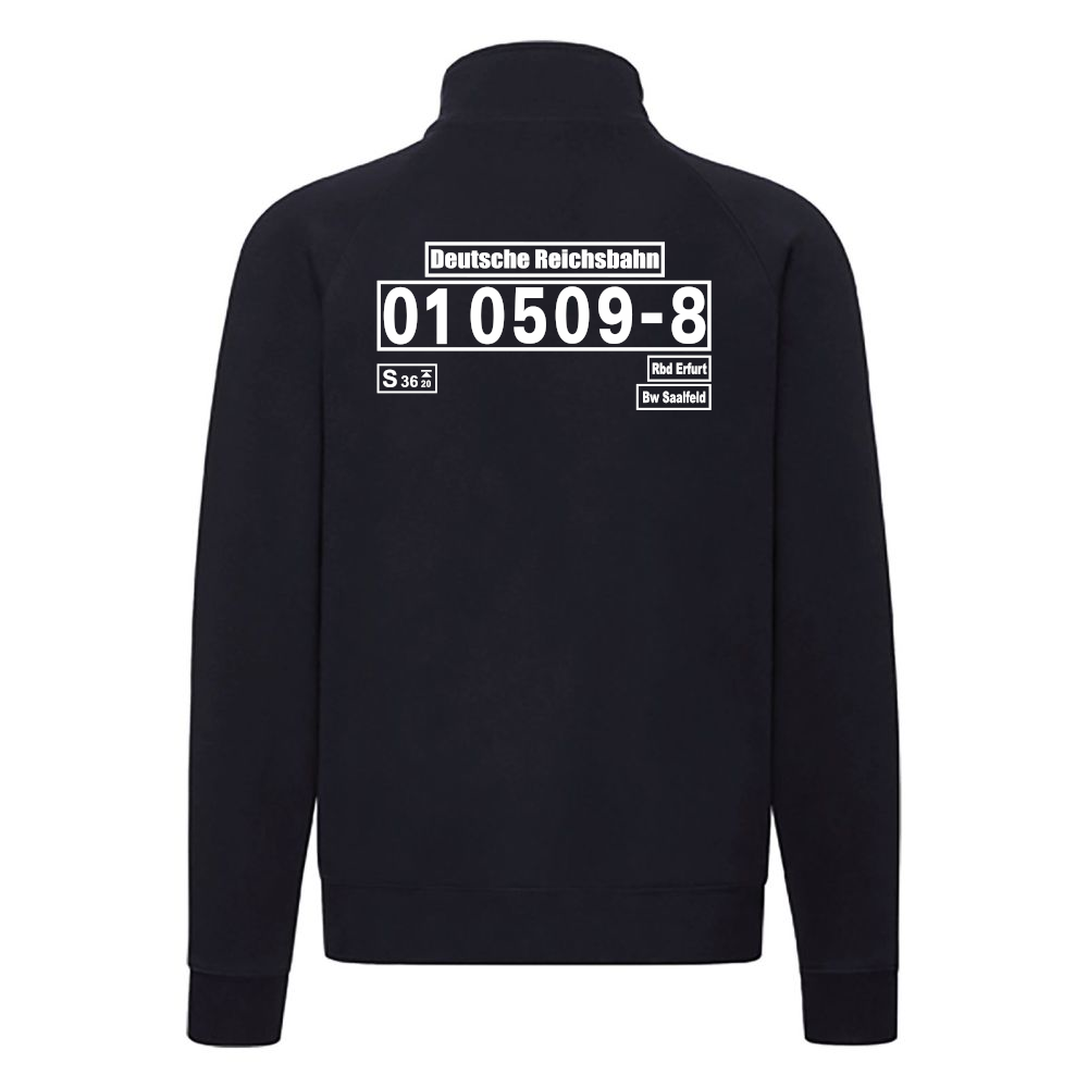Dunkelblaue Sweat-Jacke mit Loknummer 01 0509-8 der Deutschen Reichsbahn