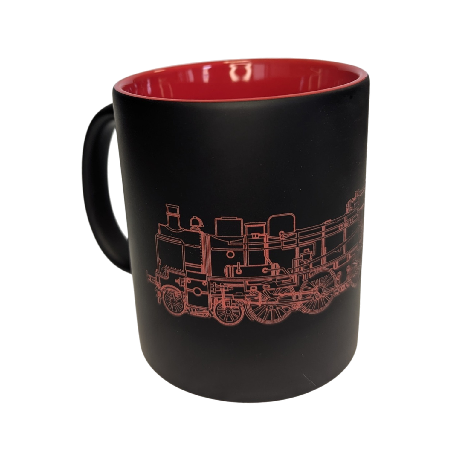Schwarz-rote Keramiktasse mit Baureihe 38 der Deutschen Reichsbahn