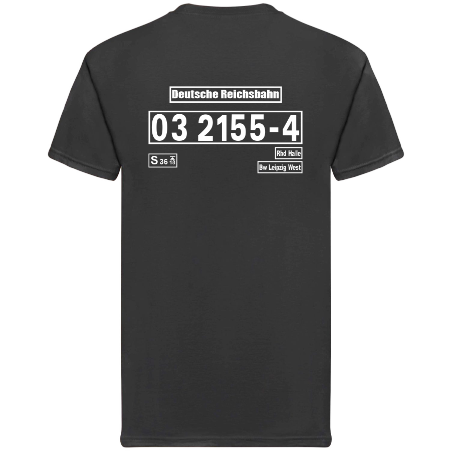 Schwarzes T-Shirt mit Loknummer 03 2155-4 der Deutschen Reichsbahn