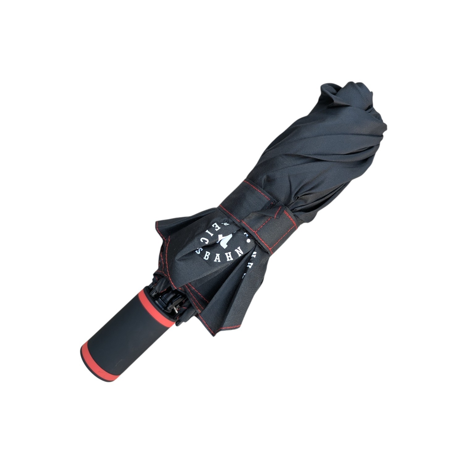 Zusammengefalteter schwarzer Taschenschirm mit Griff und Trageschlaufe