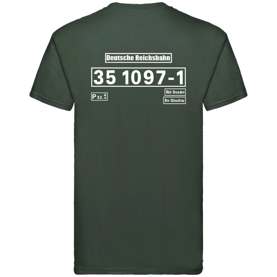 Dunkelgrünes T-Shirt mit Loknummer 35 1097-1 der Deutschen Reichsbahn