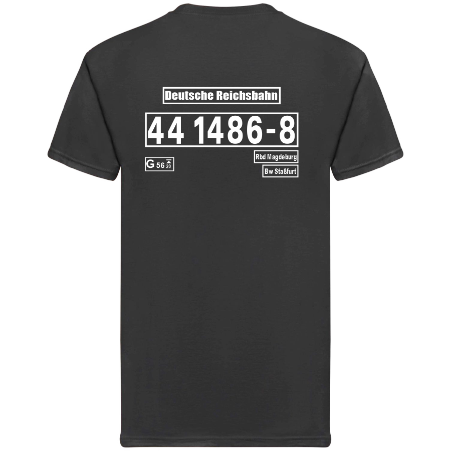 Schwarzes T-Shirt mit Loknummer 44 1486-8 der Deutschen Reichsbahn