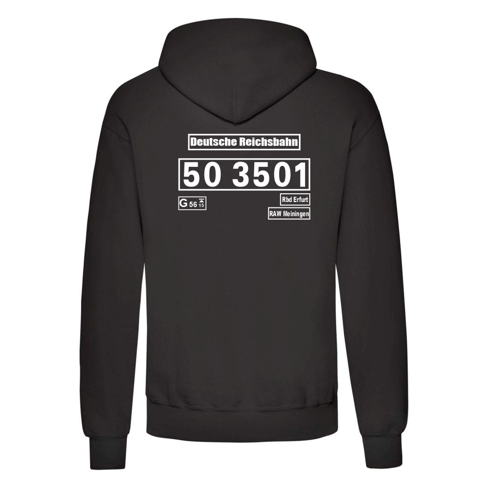 Schwarzer Hoodie mit Loknummer 50 3501 der Deutschen Reichsbahn