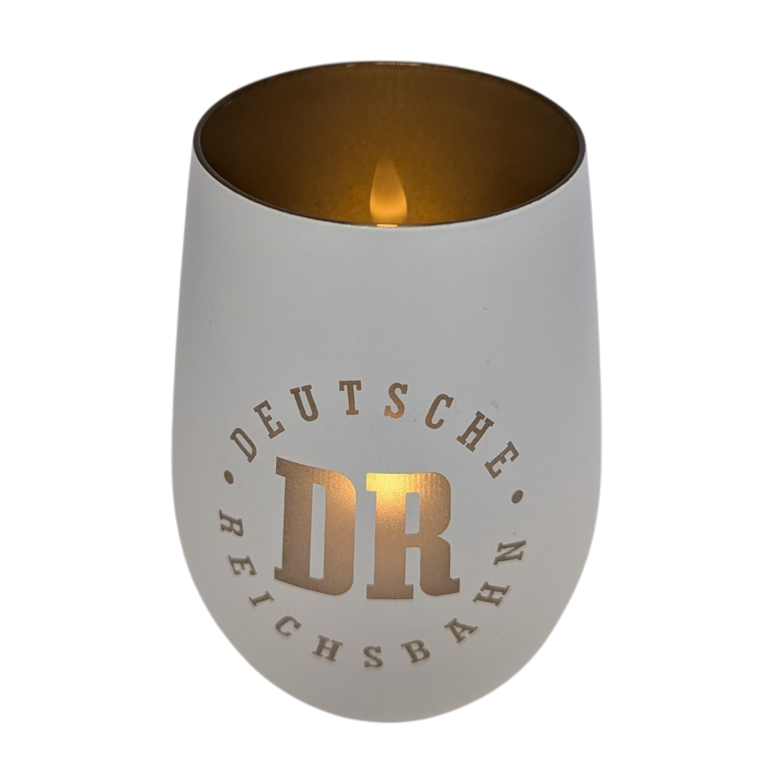 Weiß-goldenes Windlicht mit DR-Logo