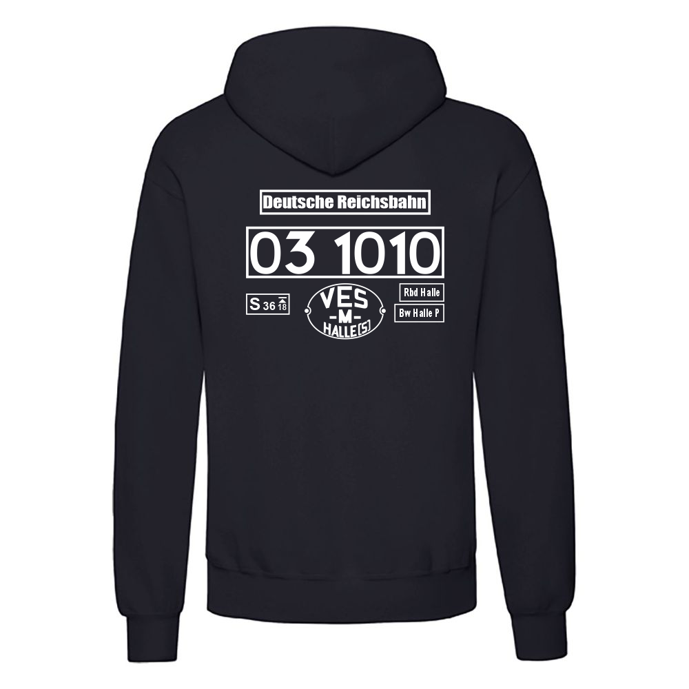 Dunkelblauer Hoodie mit Loknummer 03 1010 der Deutschen Reichsbahn