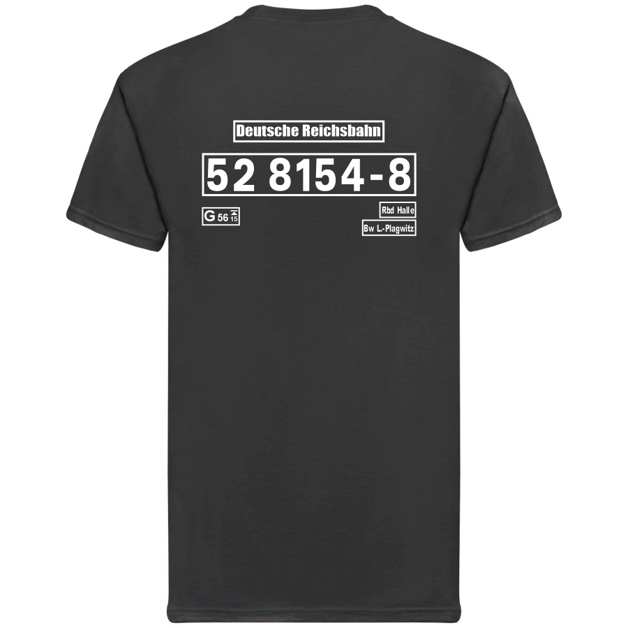 Schwarzes T-Shirt mit Loknummer 52 8154-8 der Deutschen Reichsbahn