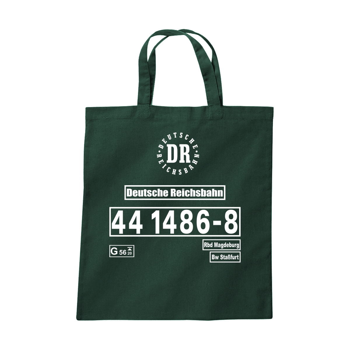 Dunkelgrüner Stoffbeutel mit kurzen Henkeln und Loknummer 44 1486-8 der Deutschen Reichsbahn