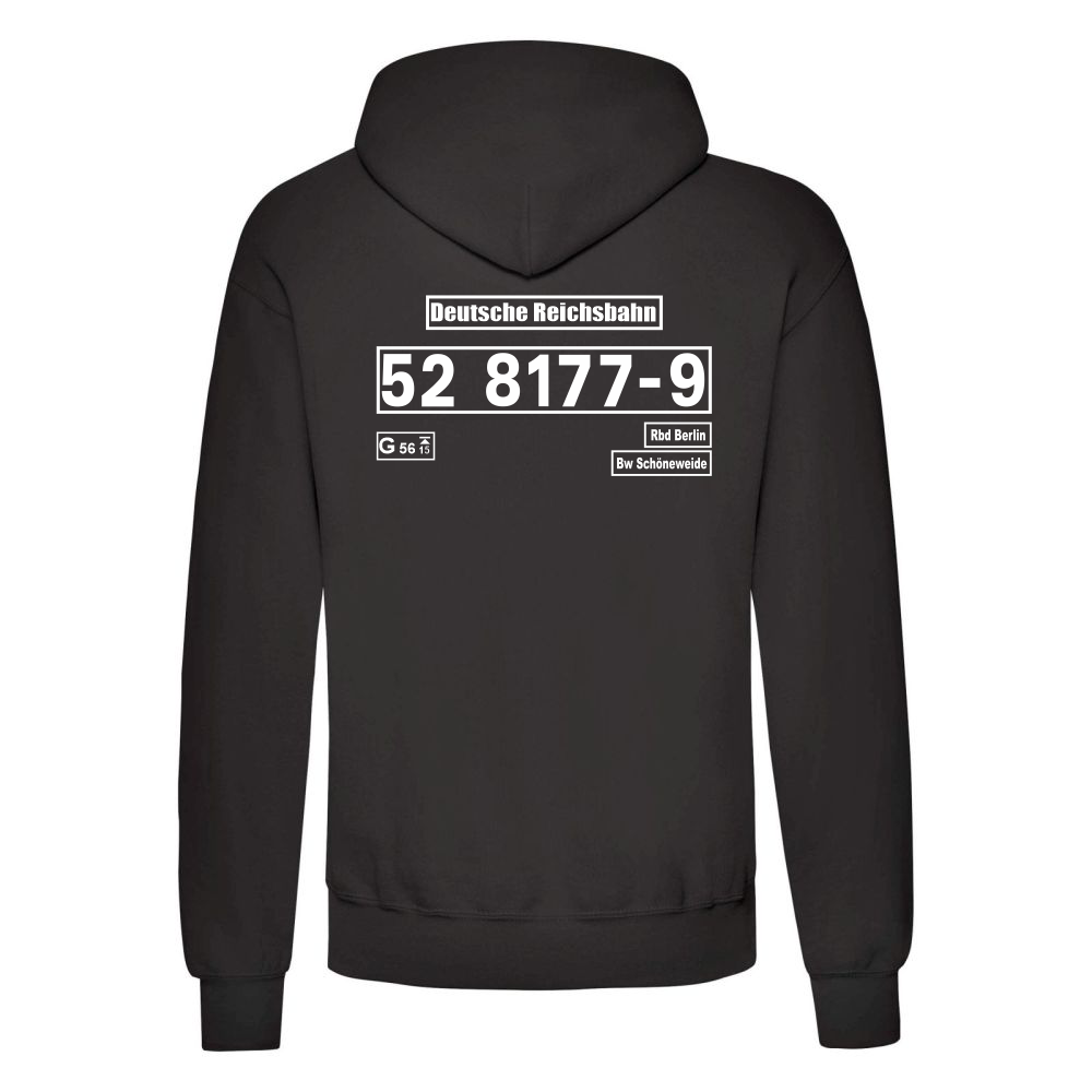 Schwarzer Hoodie mit Loknummer 52 8177-9 der Deutschen Reichsbahn