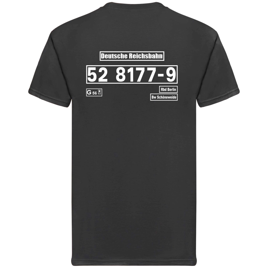 Schwarzes T-Shirt mit Loknummer 52 8177-9 der Deutschen Reichsbahn