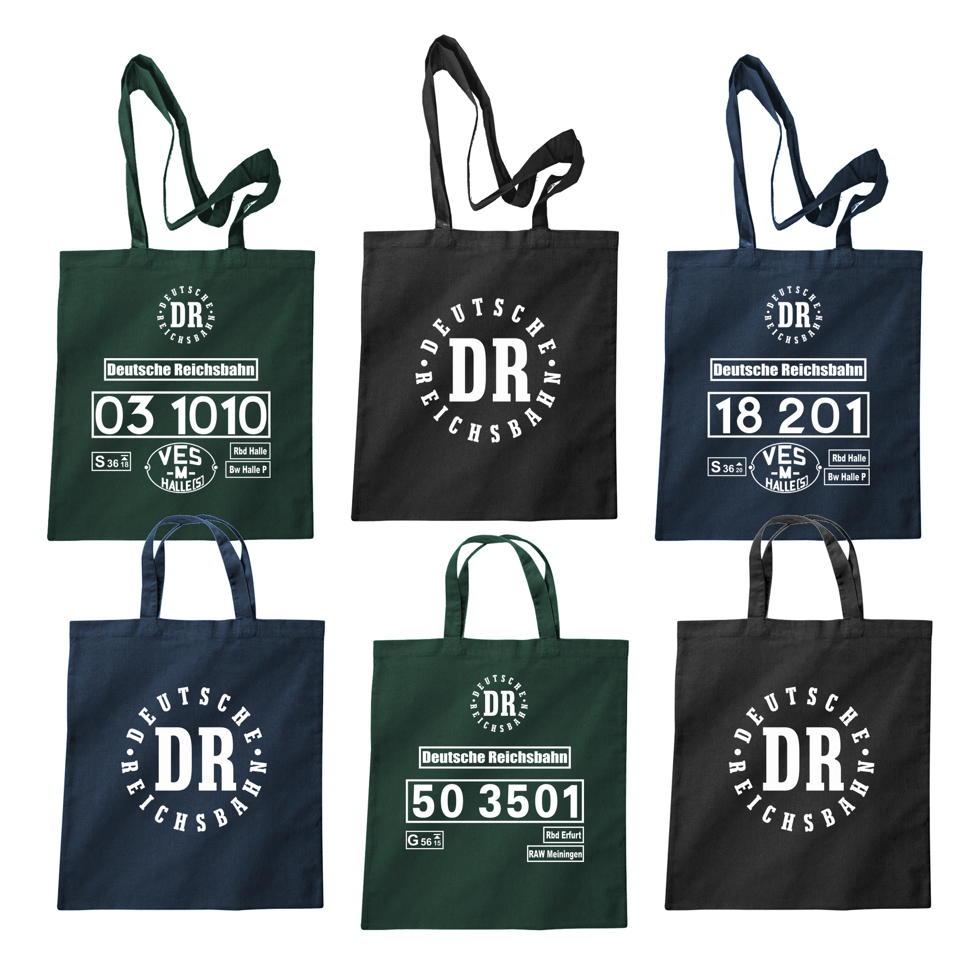 Stoffbeutel in Dunkelgrün, Dunkelblau und Schwarz mit kurzen und langen Henkeln, Loknummern und DR-Logo der Deutschen Reichsbahn