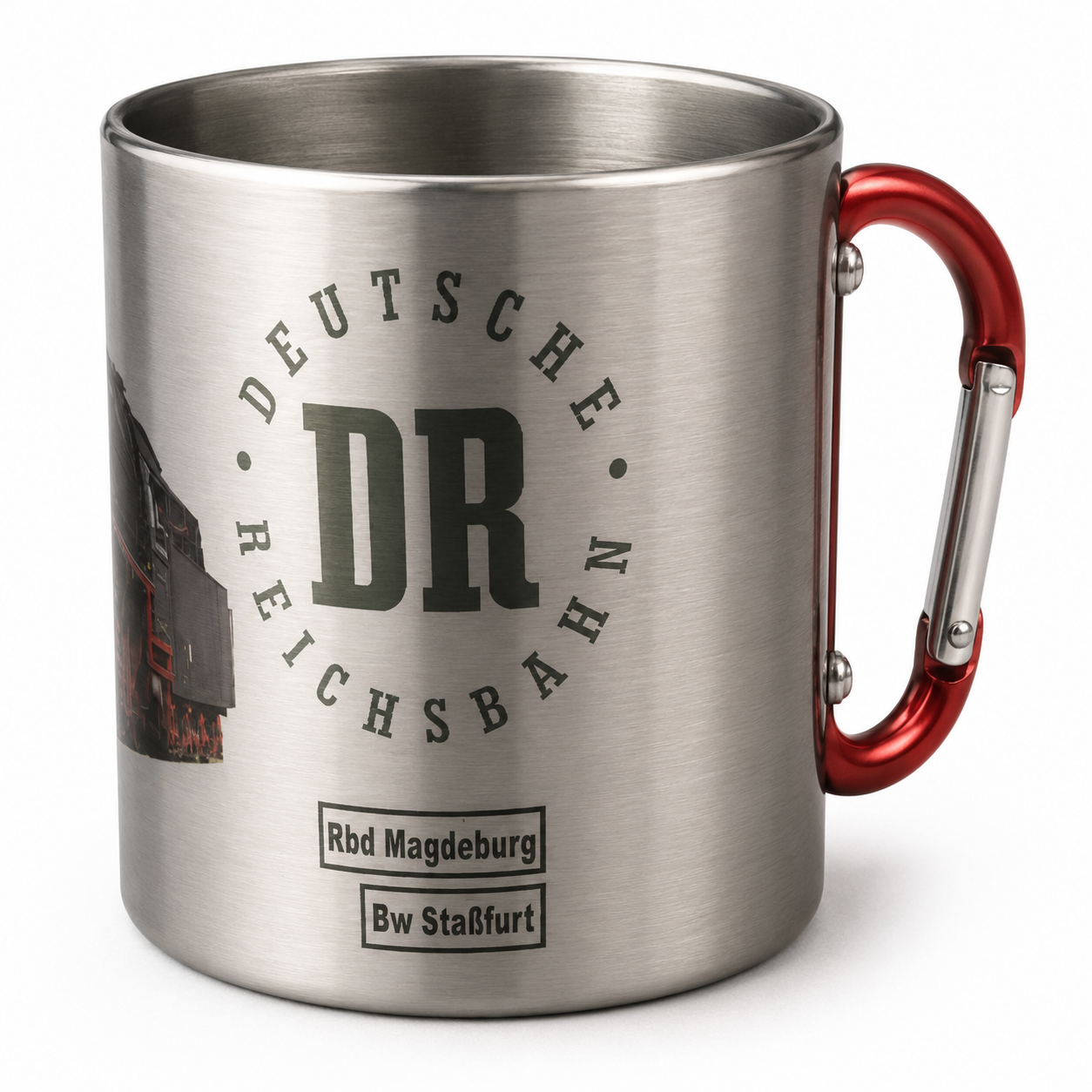 Edelstahlbecher mit Karabinerhenkel und Loknummer 44 1486-8