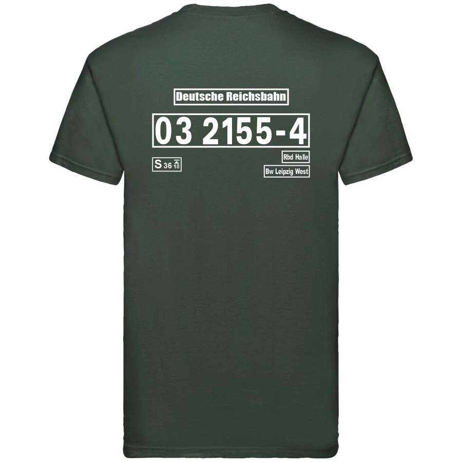 Dunkelgrünes T-Shirt mit Loknummer 03 2155-4 der Deutschen Reichsbahn