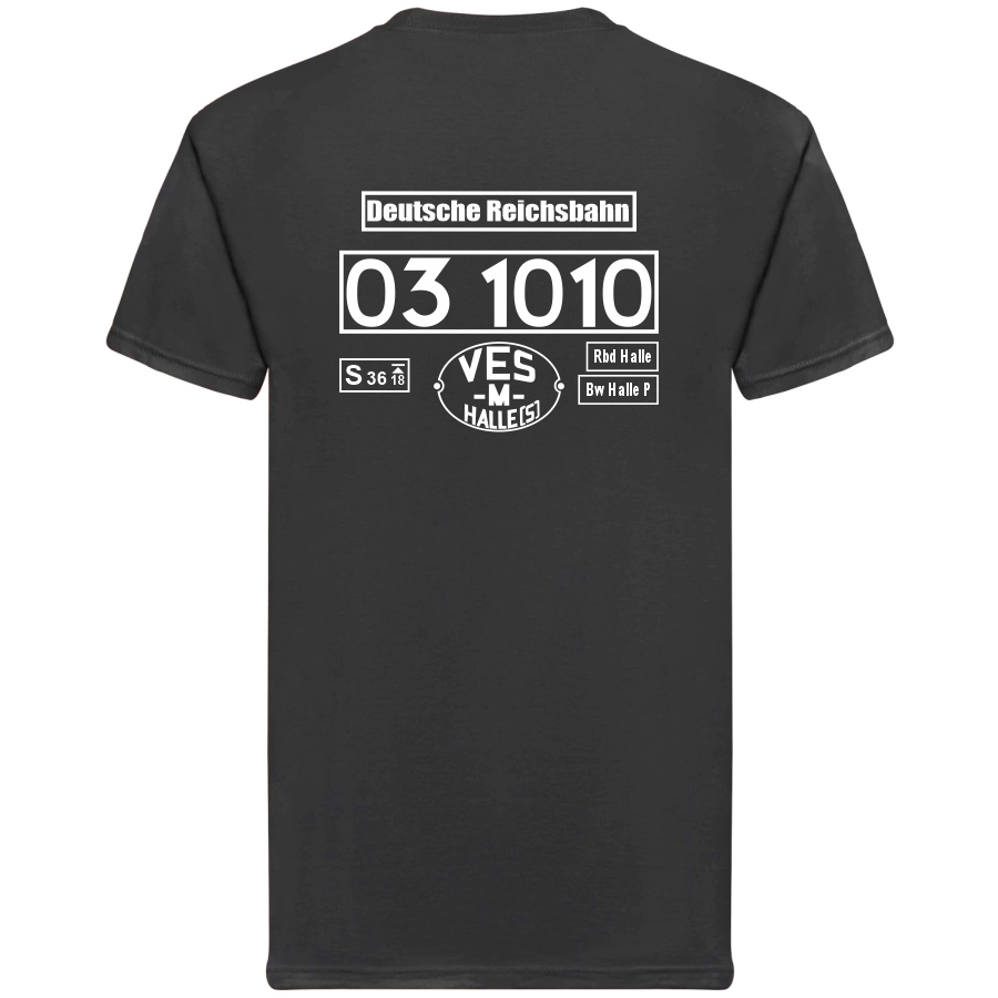 Schwarzes T-Shirt mit Loknummer 03 1010 der Deutschen Reichsbahn