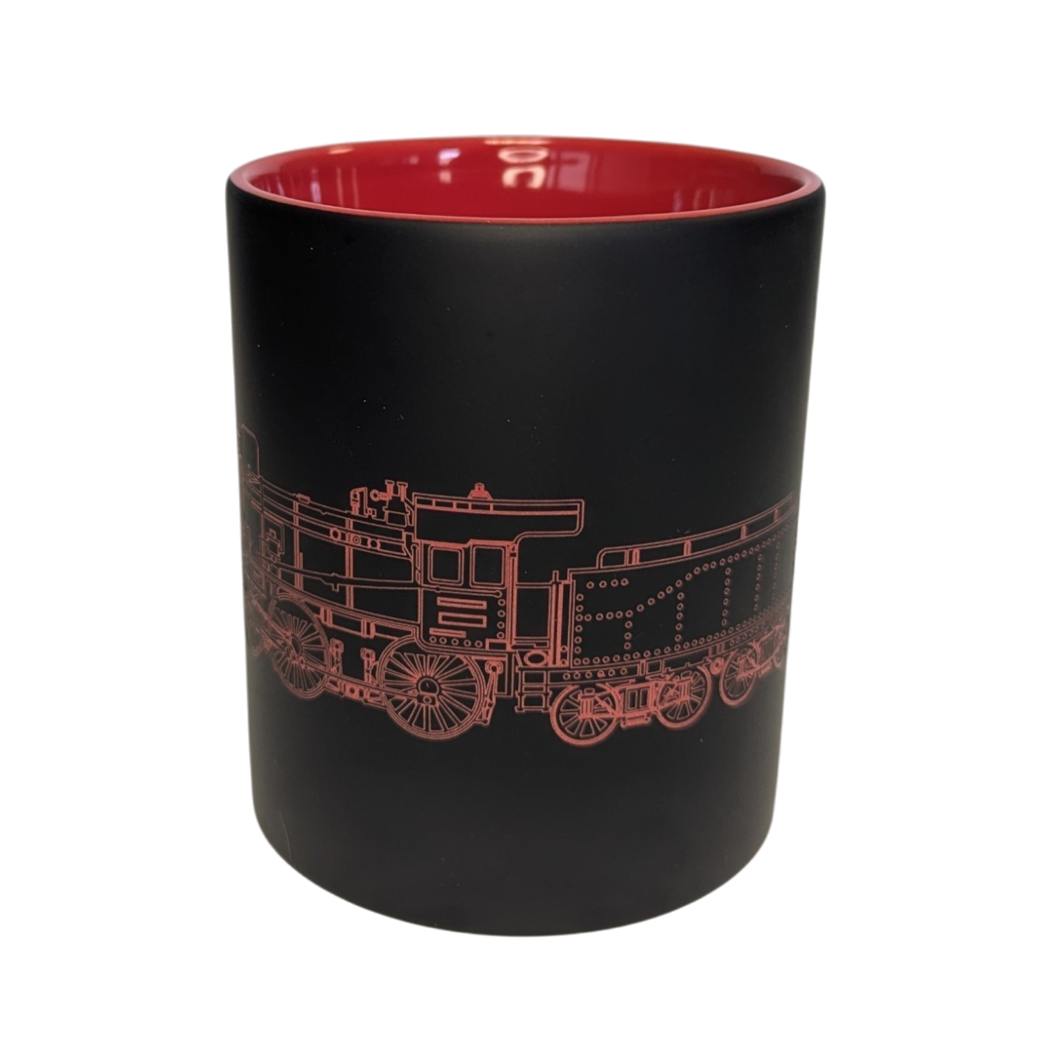 Schwarz-rote Keramiktasse mit Baureihe 38 der Deutschen Reichsbahn