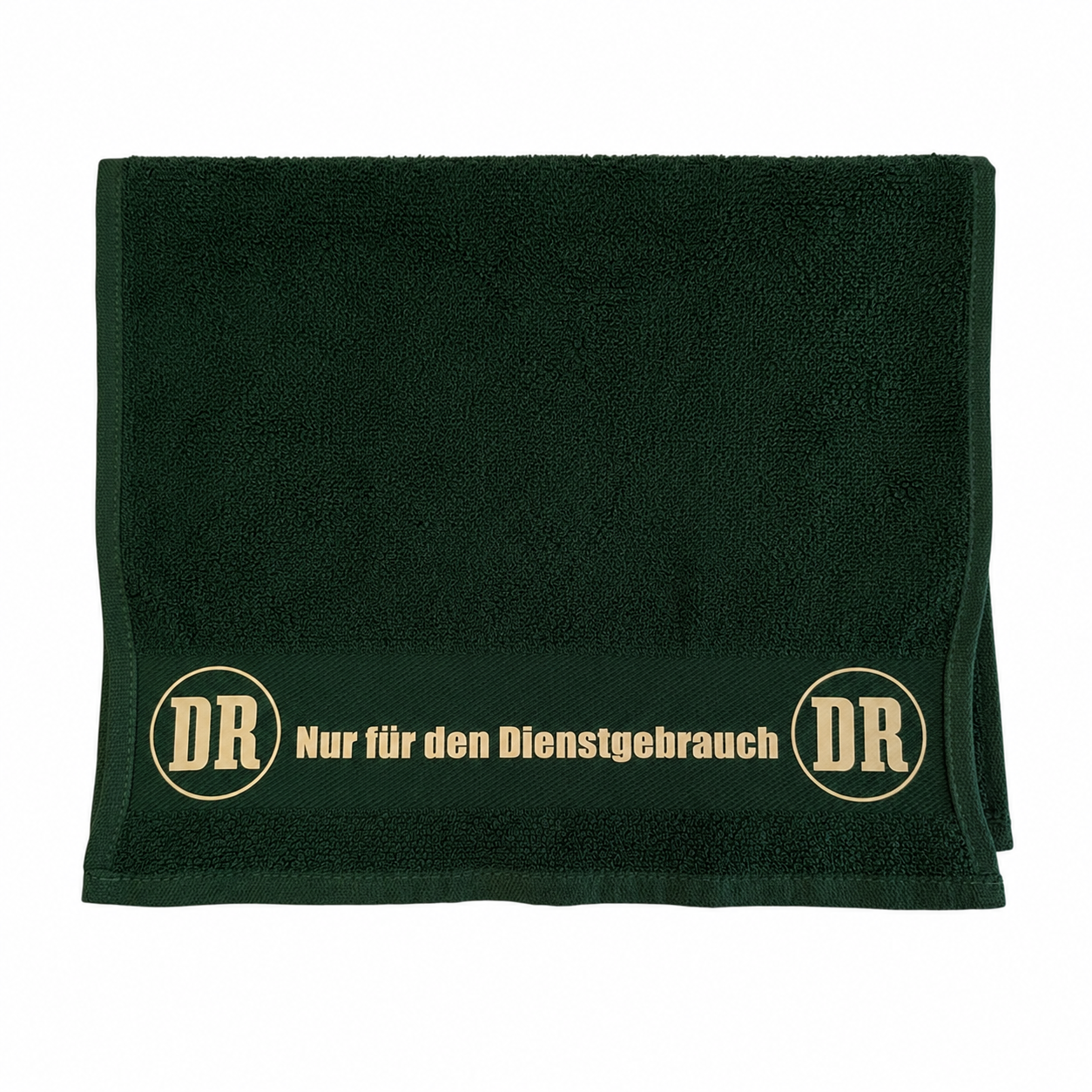 Kleines dunkelgrünes Handtuch mit DR-Logo der Deutschen Reichsbahn